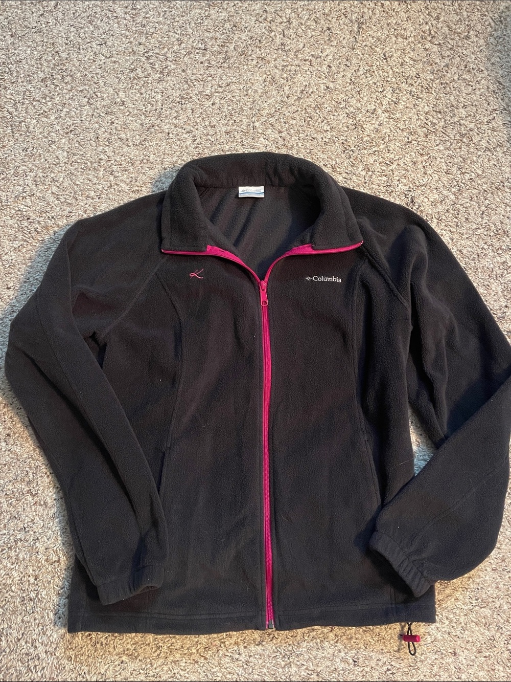 Monogrammed “K” Columbia Women's Black Fleece Jacket with Pink Trim